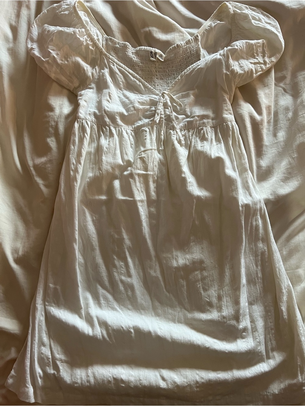 Roxy White Smocked Empire Waist Cotton Dress